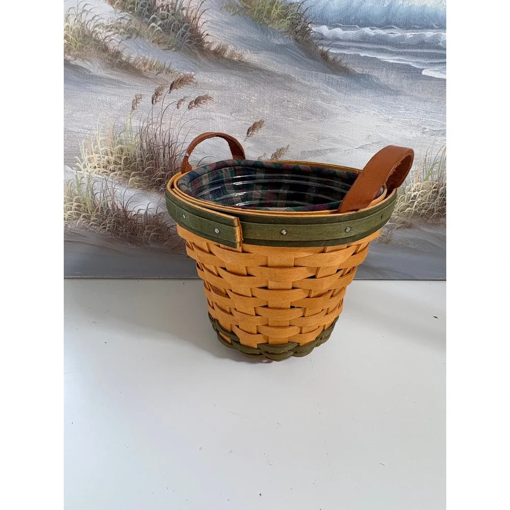 Longaberger Golf Club Basket 2000 Green Trim Plaid Liner Leather Handles 6in